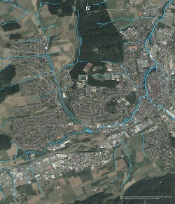 Auf dem Bild ist das Gewässernetz von Rombach, Aal und Kocher in Aalen zu sehen.