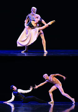 Das Bild ist zweigeteilt. Es zeigt einmal einen Balletttänzer als Frankenstein verkleidet, der mit einer Frau tanzt und in der zweiten Hälfte wie er mit einem Mann tanzt.