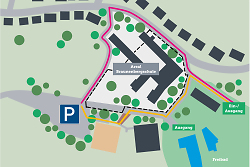 Auf dem Bild ist eine Karte zu sehen, die den Zugang zum Freibad Spiesel während der Baustelle am Bildungscampus Braunenberg aufzeigt.