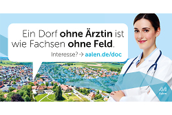 Auf dem Bild ist ein Werbeslogan zur Hausarztkampagne zu sehen mit den Worten: Ein Dorf ohne Ärztin ist wie Fachsen ohne Feld.
