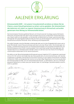 Auf dem Bild ist die Aalener Erklärung mit Unterschriften der teilnehmenden Unternehmen zu sehen.