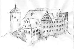 Auf dem Bild ist eine Zeichnung der Kocherburg zu sehen.