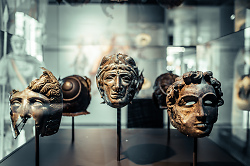 Auf dem Bild sind römische Theatermasken zu sehen.