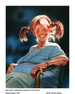 Auf dem Bild ist die Karikatur der gealterten Pippi Langstrumpf von Karikaturist Gerhard Haderer zu sehen