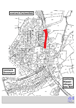 Der Plan zeigt den Bereich der Sperrung der Ortsdurchfahrt Treppach im Abschnitt zwischen Gebäude Bodenbachstraße 19 und Einmündung Schneideräckerstraße eingezeichnet.