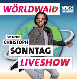 Auf diesem Bild ist der Kabarettist Christoph Sonntag auf einem Werbeplakat zu seiner Show Wörldwaid zu sehen.