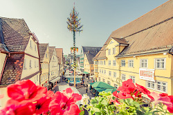 Auf dem Bild ist der Maibaum am Marktbrunnen in der Aalener Innenstadt zu sehen.