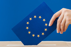 Auf dem Bild ist ein blauer Wahlzettel mit einer Europaflagge drauf zu sehen, der in eine Wahlurne gesteckt wird.